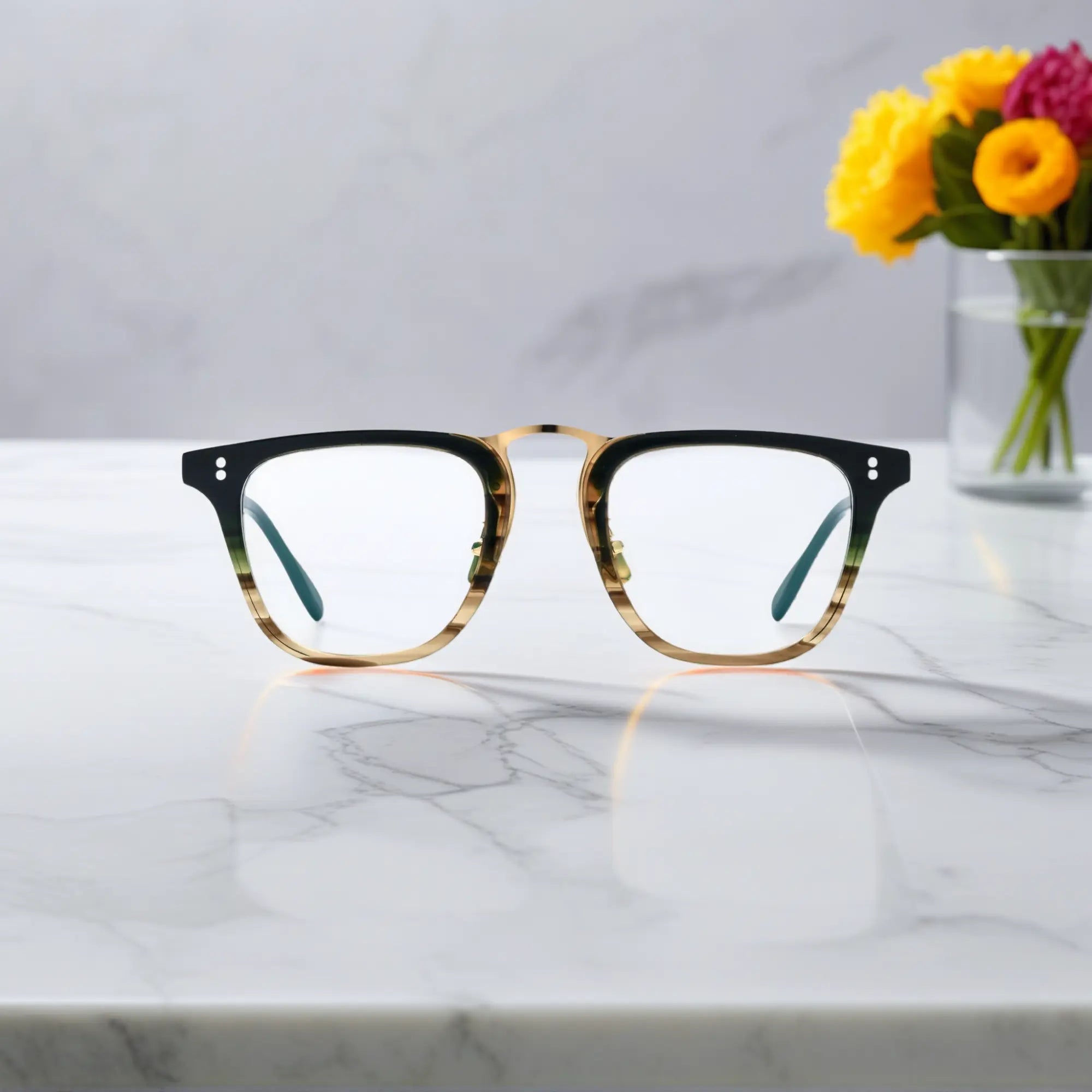 Front view of VoyueLens™ VL19214 gold striped acetate square eyeglasses with bold design and luxurious striped pattern.
